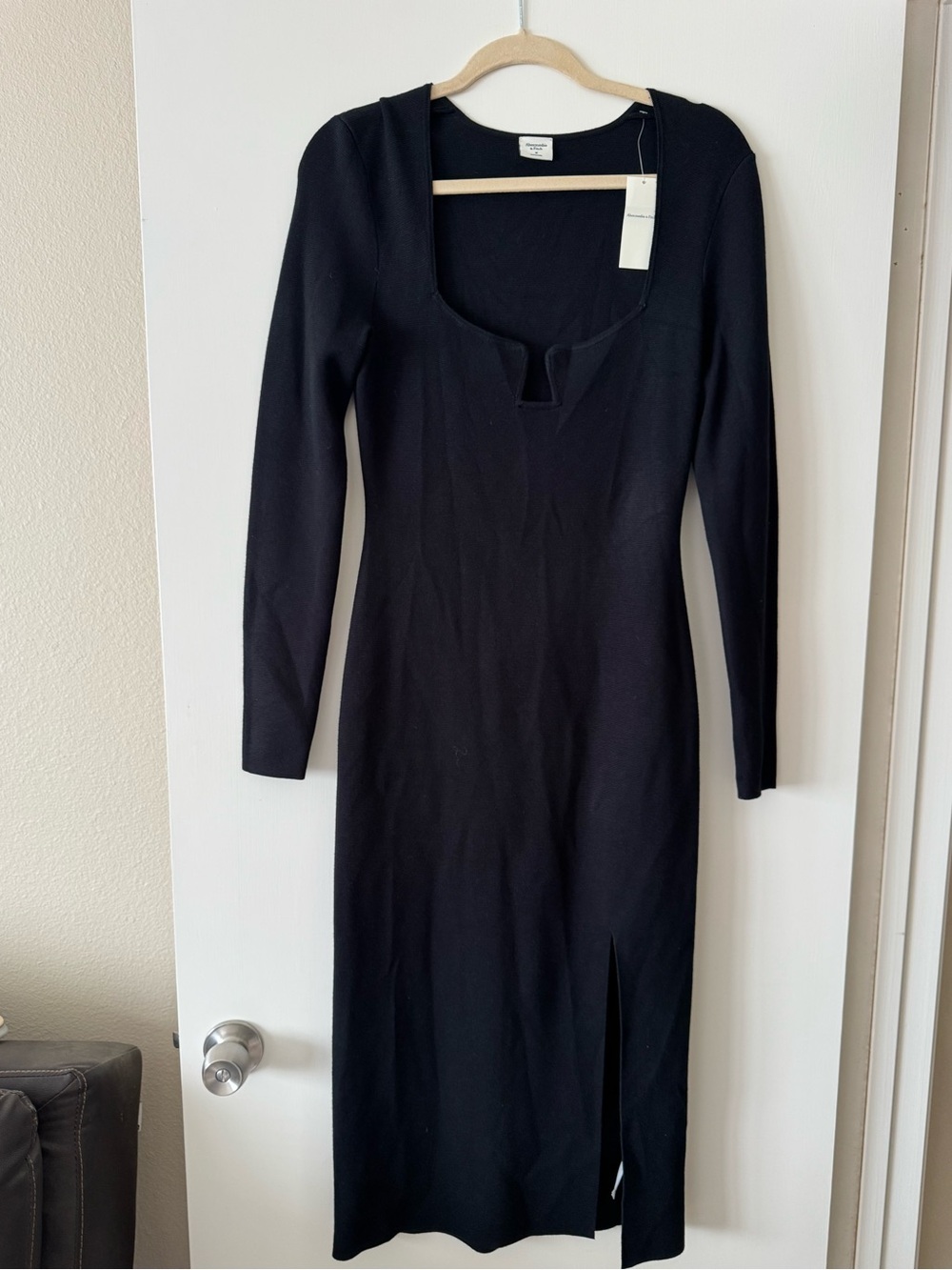 Abercrombie & Fitch Black Long Sleeve Square Neck Midi Dress with Side Slit